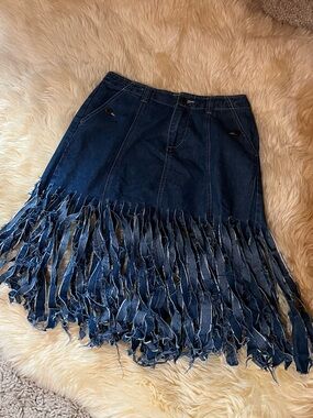 White Stag Dark Blue Denim Fringe Skirt
